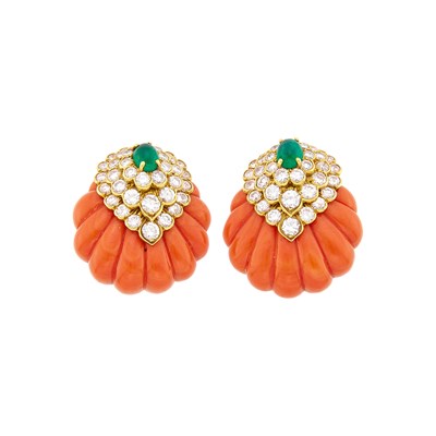 Lot 193 - David Webb Pair of Gold, Fluted Coral, Cabochon Emerald and Diamond Earclips