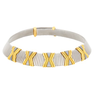 Lot Bulgari Stainless Steel, Blackened Steel and Gold Tubogas Slide Necklace