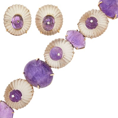 Lot Seaman Schepps Gold, Carved Rock Crystal and Amethyst and Diamond Bracelet and Pair of Earclips