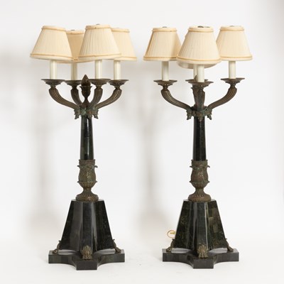 Lot 384 - Pair of Marble and Bronze Candlestick Form Lamps