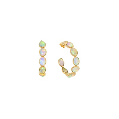 Lot 2204 - Pair of Gold and Opal Half-Hoop Earrings