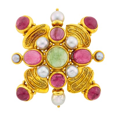 Lot 84 - Elizabeth Gage Gold, Cabochon Colored Stone and Cultured Pearl Pendant-Brooch