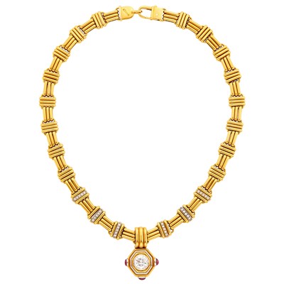 Lot 58 - Two-Color Gold and Diamond Necklace with Gold, Platinum, Diamond and Cabochon Ruby Enhancer Pendant