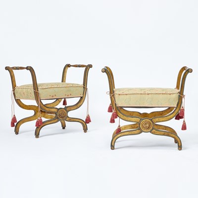 Lot 282 - Pair of Louis XVI Style Upholstered Painted and Parcel Gilt Benches