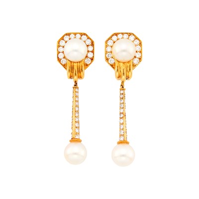 Lot 30 - Van Cleef & Arpels Pair of Gold, Cultured Pearl and Diamond Pendant-Earclips