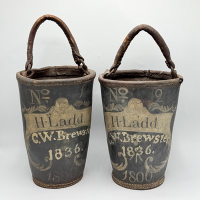 Lot 192 - Pair of Painted Leather Fire Buckets "H. Ladd"