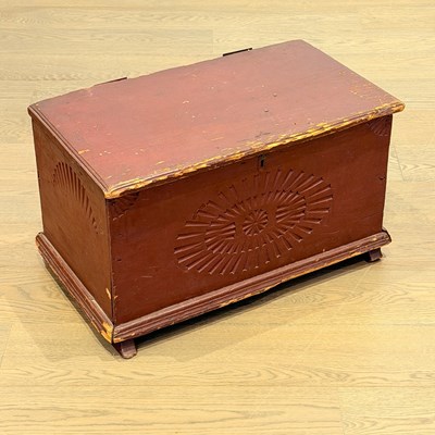 Lot 202 - Red Painted and Carved Pine Storage Trunk