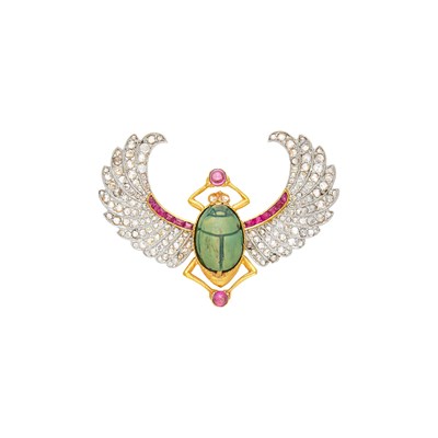 Lot 111 - Egyptian Revival Gold, Platinum, Faience, Ruby and Diamond Scarab Pendant-1 Brooch