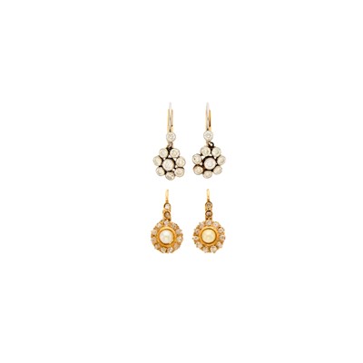 Lot 2062 - Two Pairs of Gold, Platinum, Pearl and Diamond Earrings