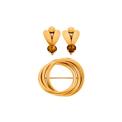 Lot 2052 - Tiffany & Co. Pair of Gold and Citrine Insect Earrings and Circle Brooch