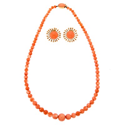 Lot 2200 - Pair of Gold and Coral Earclips and Coral Bead Necklace