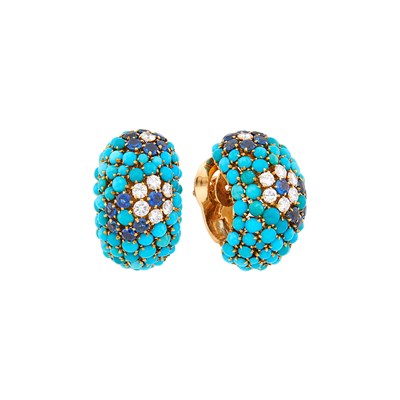 Lot Van Cleef & Arpels Pair of Gold, Turquoise, and Sapphire 'Hawaii' Earclips, France