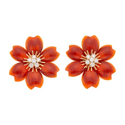 Lot 192 - Van Cleef and Arpels Pair of Gold, Carnelian and Diamond 'Rose de Noel' Earclips, France