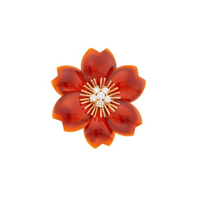 Lot 191 - Van Cleef and Arpels Gold, Carnelian and Diamond 'Rose de Noel' Clip-Brooch, France