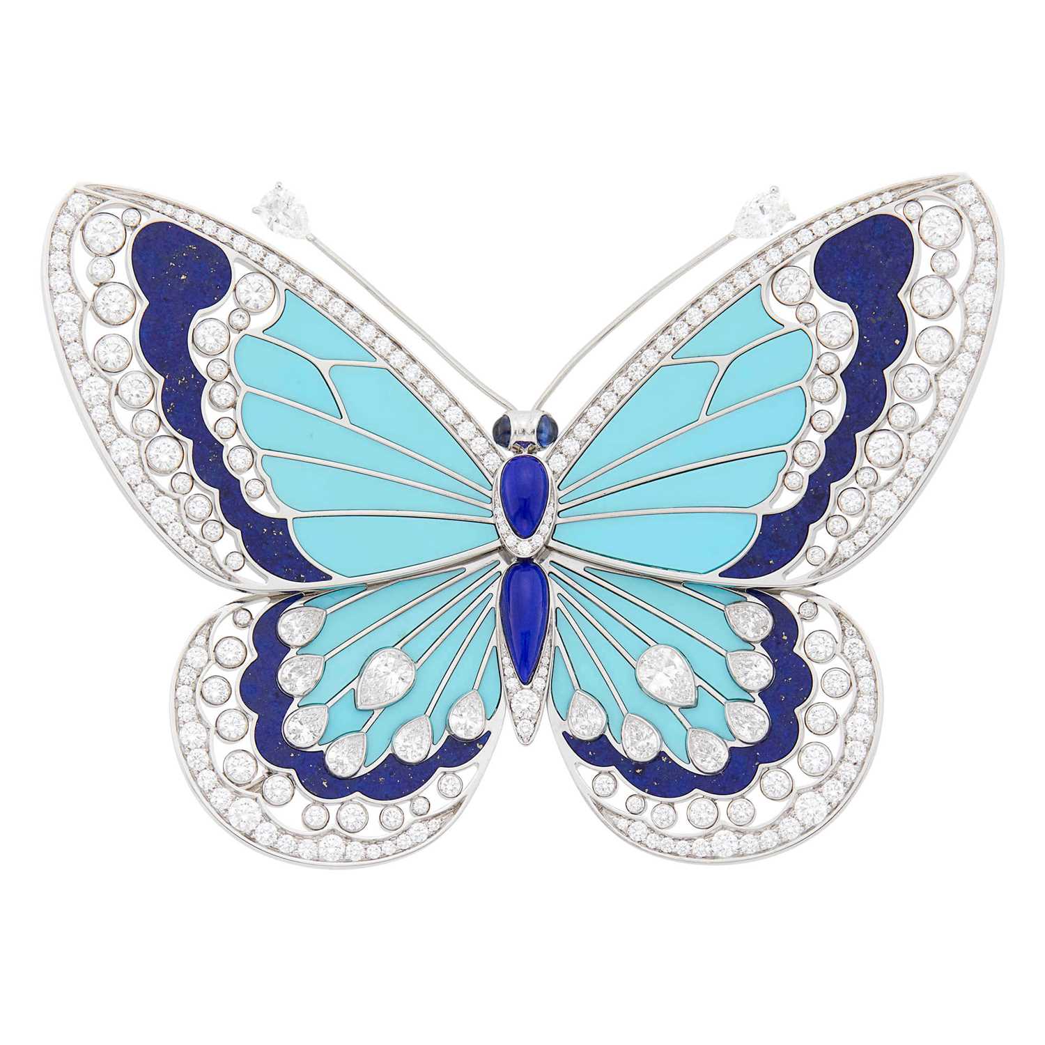 Lot 147 - Van Cleef & Arpels White Gold, Lapis, Turquoise and Diamond Butterfly Clip-Brooch, France