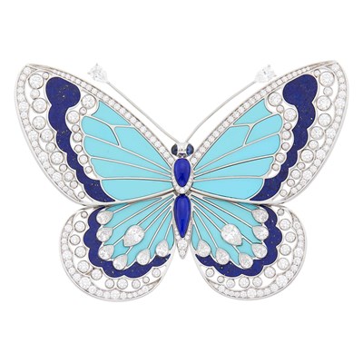 Lot Van Cleef & Arpels White Gold, Lapis, Turquoise and Diamond Butterfly Clip-Brooch, France