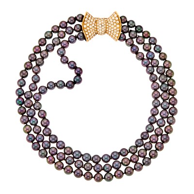 Lot 2262 - Dyed Black Tahitian Cultured Pearl Necklace with Gold and Diamond Bow Brooch-Clasp
