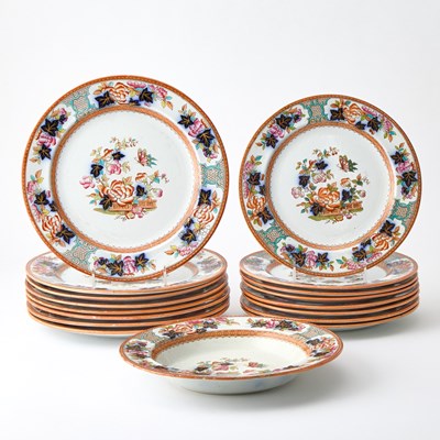 Lot 154 - John Meir & Son Ironstone Transfer Printed and Enriched Part Service in the "Metz" Pattern