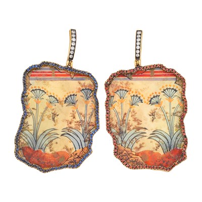Lot 1174 - Silvia Furmanovich Pair of Two-Color Gold, 'Egypt Miniature' Painting, Diamond and Gem-Set Pendant-Earrings