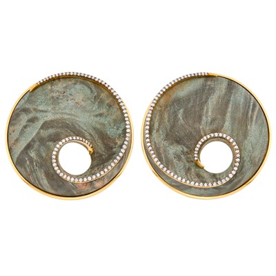 Lot 1126 - Silvia Furmanovich Pair of Two-Color Gold, Wood and Diamond Spiral Earrings