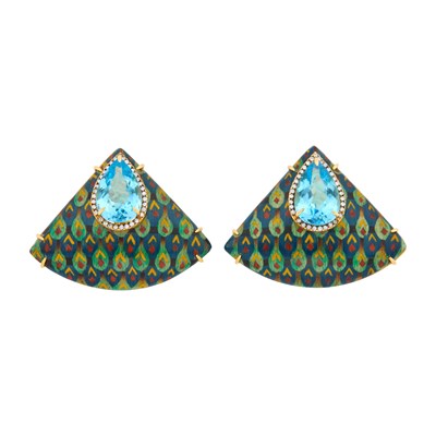 Lot 1172 - Silvia Furmanovich Pair of Gold, Marquetry, Blue Topaz and Diamond Earclips