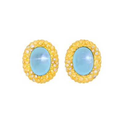 Lot 1036 - Pair of Gold, Cabochon Aquamarine and Diamond Earrings