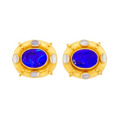 Lot 1175 - Elizabeth Locke Pair of Hammered Gold, Blue Glass Intaglio, Moonstone and Mother-of-Pearl Earrings