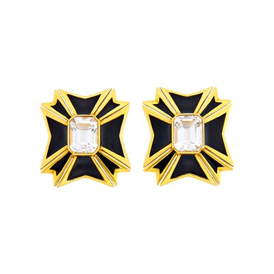 Lot 27 - Verdura Pair of Gold, Black Enamel and White Topaz 'Maltese Cross' Earclips