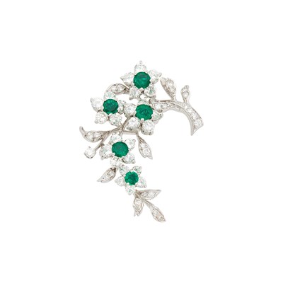 Lot 1093 - Platinum, Emerald and Diamond Flower Brooch