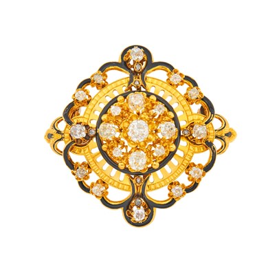 Lot 1158 - Gold, Diamond and Black Enamel Brooch