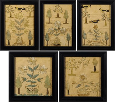 Lot 185 - Group of Five Silk-Embroidered Paper Pictures
