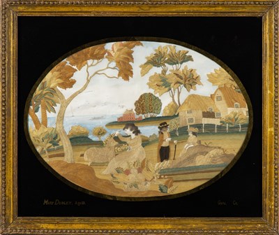 Lot 205 - Silk-Embroidered, Painted, and Eglomise Picture of a Shepherdess