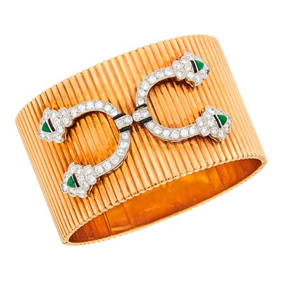 Lot 95 - Ribbed Gold, Platinum, Diamond, Jade and Black Enamel Cuff Bangle Bracelet