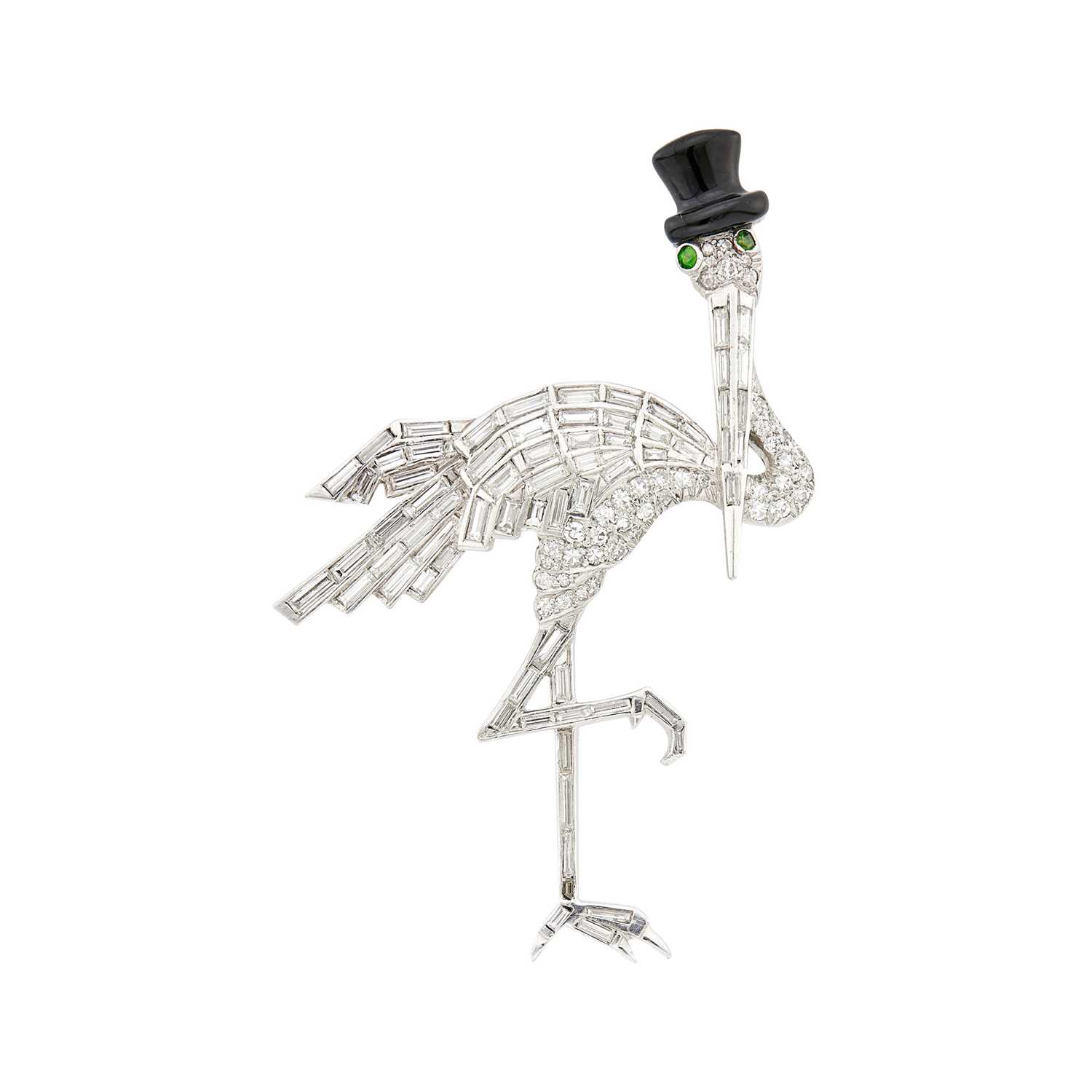 Lot 64 - Platinum, Diamond, Demantoid Garnet and Black Enamel Stork Brooch