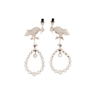 Lot Pair of Platinum, Black Onyx, and Diamond Stork Earclips