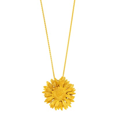 Lot Asprey Gold Sunflower Pendant Clip-Brooch with Gold Chain Necklace