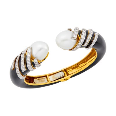 Lot 155 - David Webb Gold, Platinum, Black Enamel, South Sea Cultured Pearl and Diamond Bangle Bracelet