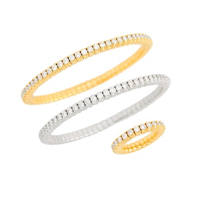 Lot 1099 - Two Yellow and White Gold and Diamond Expandable Bangle Bracelets and Band Ring