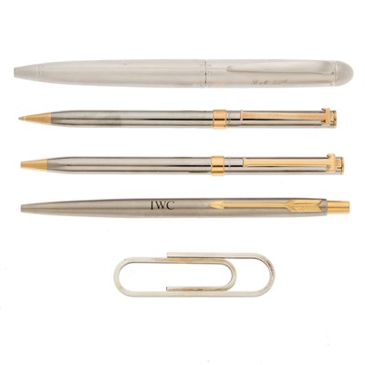 Lot 2283 - International Watch Co. for Parker Stainless Steel and Gilt-Metal Pen and Tiffany & Co. Group of Pens and Silver Paperclip