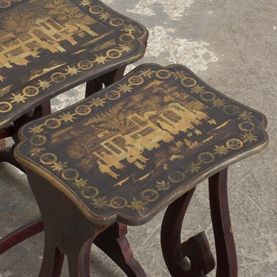 Lot 32 - Mahogany Nesting Tables with Chinoiserie Lacquer Tops