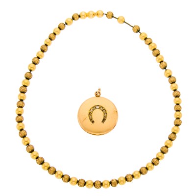 Lot 2277 - Pinchbeck Bead Necklace and Paste Horseshoe Locket Pendant