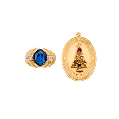 Lot 2267 - Low Karat Gold, Synthetic Spinel and Diamond Ring and Simulated Stone Charm