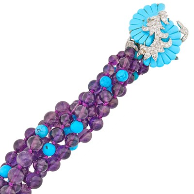 Lot 1065 - Six Strand Amethyst and Turquoise Bead Torsade Bracelet with White Gold, Carved Turquoise and Diamond Clasp