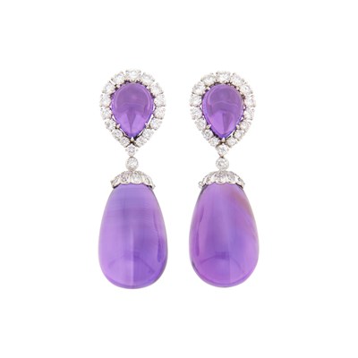 Lot 1066 - Pair of White Gold, Cabochon Amethyst and Diamond Pendant-Earclips