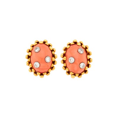 Lot 200 - David Webb Pair of Gold, Coral and Diamond Earclips