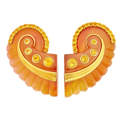 Lot 17 - Seaman Schepps Pair of Gold, Carved Carnelian and Citrine Clip-Brooches