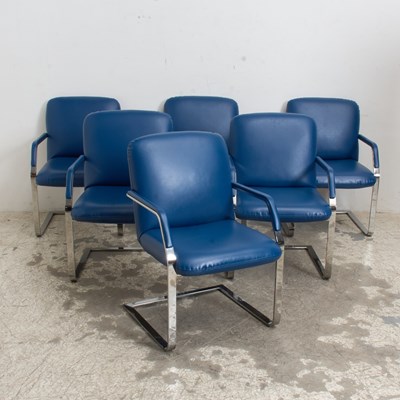 Lot 81 - Set of Six Blue Upholstered Cantilevered Dining Chairs
