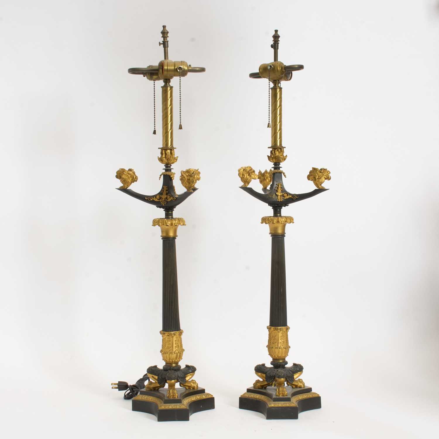 Lot 46 - Pair of Gilt and Patinated Bronze Candelabra Form Lamps