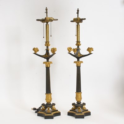 Lot 46 - Pair of Gilt and Black Candelabra Form Lamps