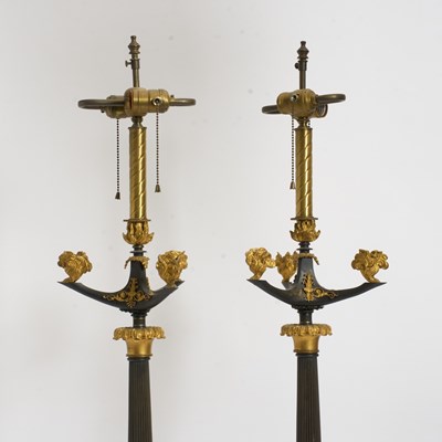 Lot 46 - Pair of Gilt and Patinated Bronze Candelabra Form Lamps